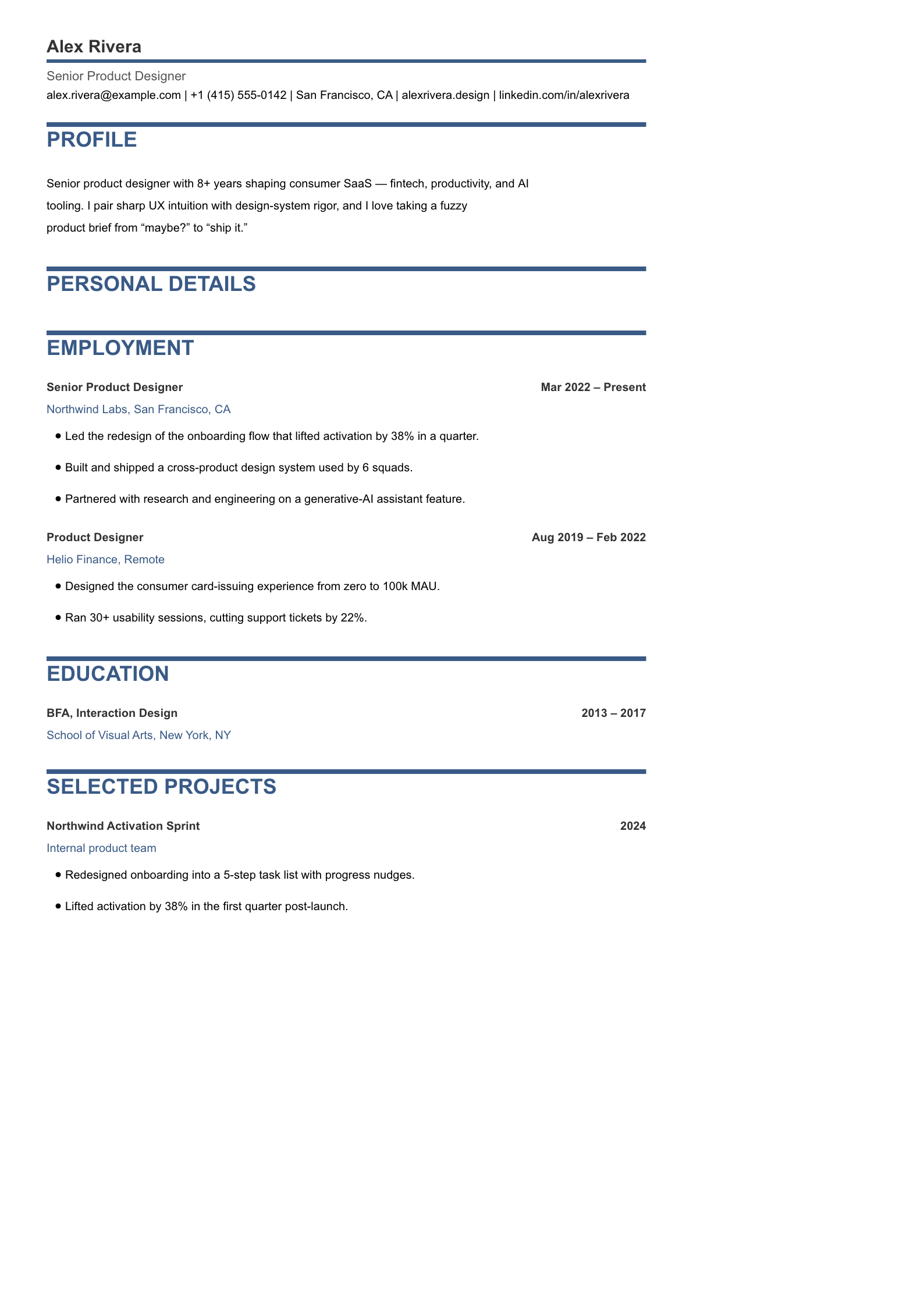 Horizontal resume template preview