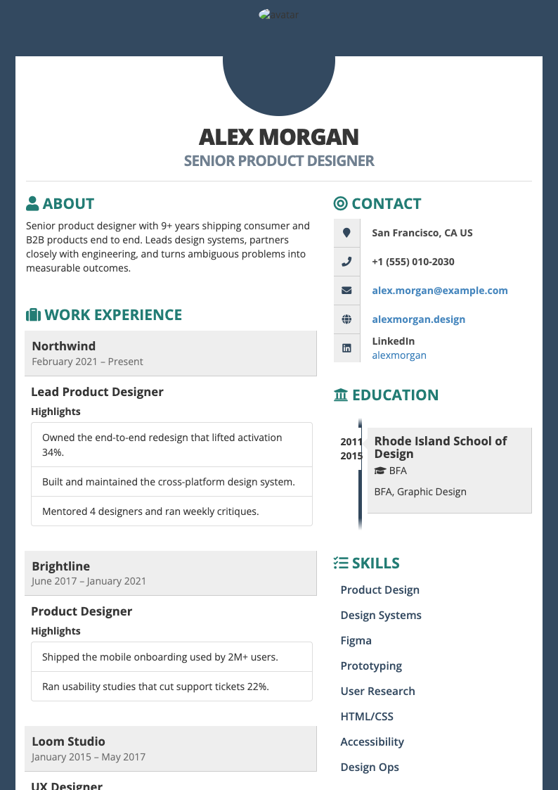 Kendall resume template preview