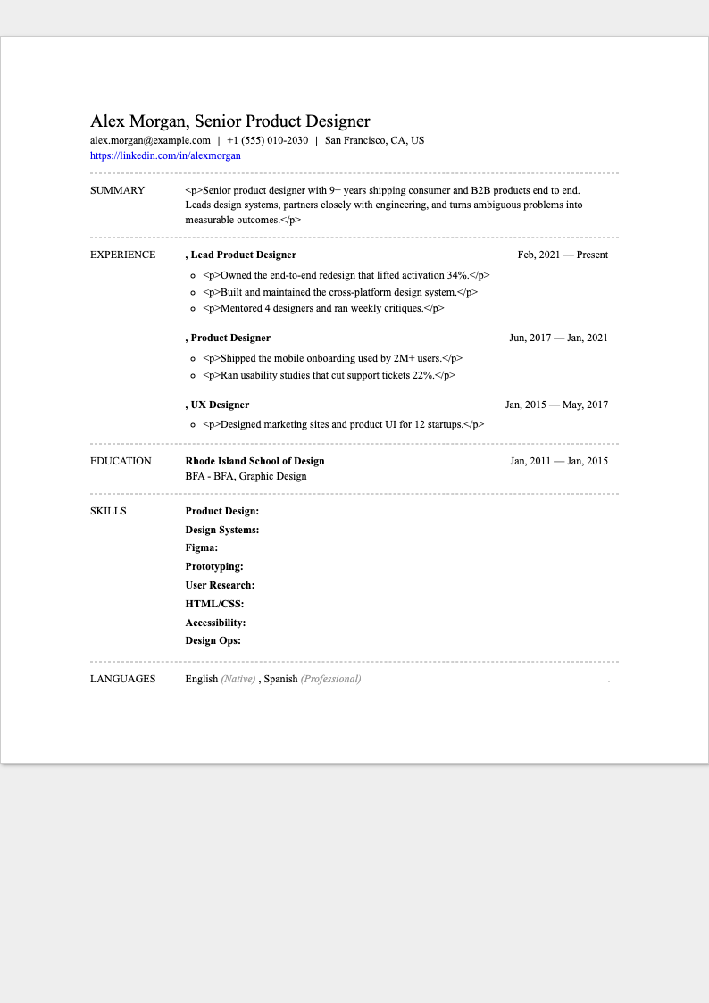 One Page resume template preview