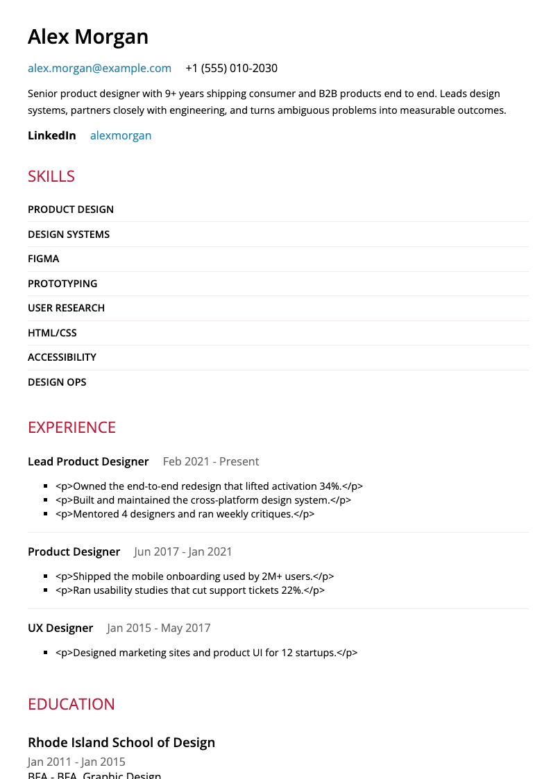 Short resume template preview